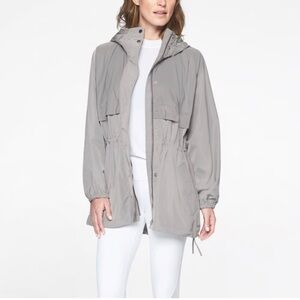 Athleta Rainfall Swing Parka Jacket S/M Gray Hooded Anorak Rain Packable Jacket